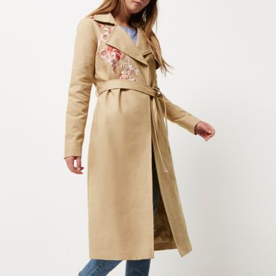 Brown floral embroidered trench coat